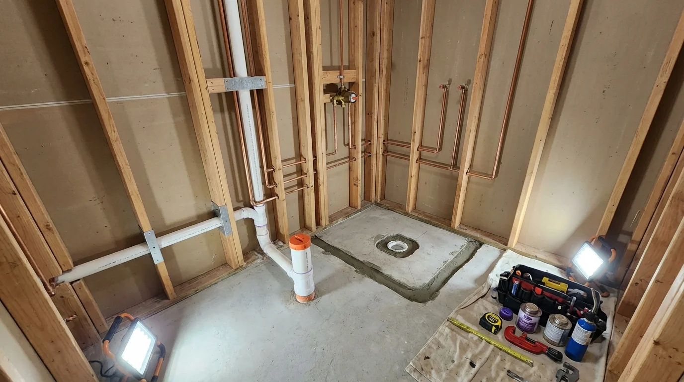 Bathroom rough-in plumbing during remodel by Johns Plumbing LLC in Port Royal
