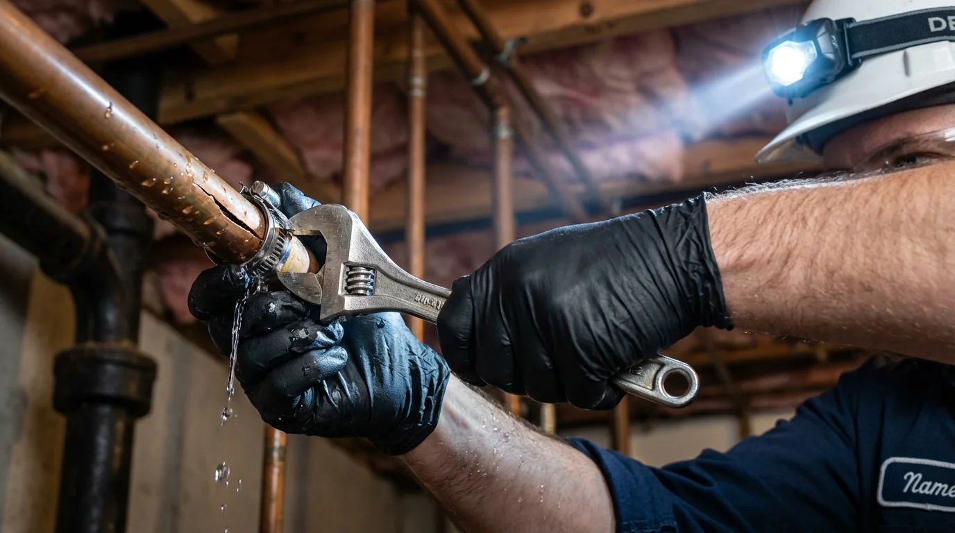 Emergency pipe clamp repair being performed by a Johns Plumbing LLC plumber in Port Royal
